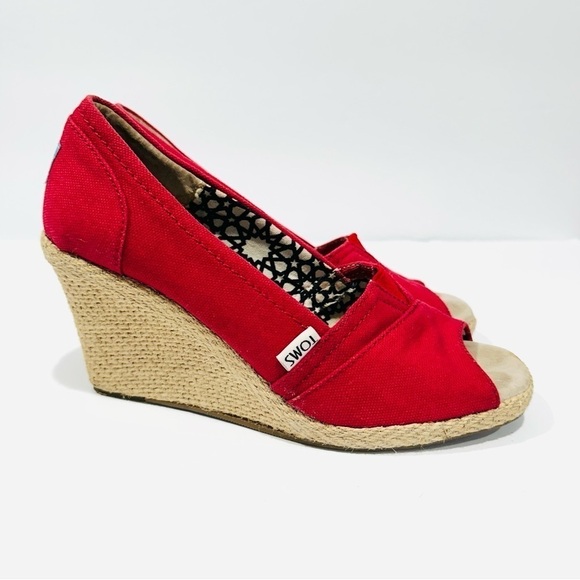TOMS Classic Red Canvas Wedge Espadrille Peep Toe Shoes Sandals - Picture 4 of 9